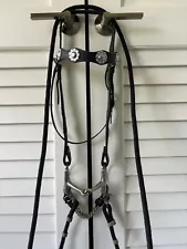 Black Leather Concho Western Horse Bridle W/ D Snaffle Bit & Round Nylon Reins