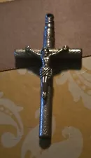 3 1/2" Long Necklace Pendant. Metal Crucifix Rape Whistle. "God Protects".