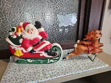 Vintage 1970 Empire Tabletop Santa Sleigh 2 Reindeer Blow Mold Christmas~