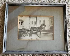 ANTIQUE PHOTO IN FRAME HARNESS SULKY TROTTER RACE HORSE & JOCKEY WILMINTON OHIO