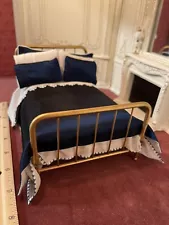 Dollhouse Miniature Vintage Clare Bell Brass Works bed, 1/12 Scale, Dressed