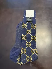 New Authentic Gucci GG Supreme Logo Glittery Socks Navy Gold Size M