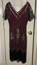 Women's 1920s Art Deco Fringed Sequin Dress Gatsby Costume Dress with Sleeve XL