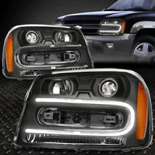 [LED DRL] FOR 2002-2009 CHEVY TRAILBLAZER PAIR BLACK AMBER PROJECTOR HEADLIGHT