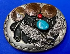 Flying Eagle Native Indian Head Coin Pennies Coral & Turquoise Belt Buckle