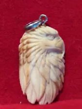 Hand Carved Native American Eagle Bovine Bone Pendant 1.25" Sterling 925 Bale