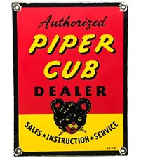 VINTAGE PIPER CUB PORCELAIN SIGN GAS STATION PUMP PLAT SALES SERVICE INSTRUCTION