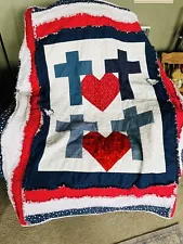 New Large Throw Rag Quilt Handmade Hearts Crosses