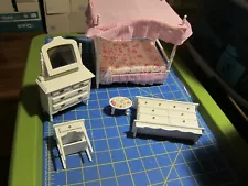 5 Pc Wood White Bedroom Doll House Furniture Set, Canopy Bed, Dresser's & More