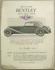 BENTLEY 3 ½ LITRE DROP HEAD COUPE Car Sales Leaflet c1934