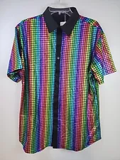 Jogal Men Shirt Medium 70s Disco Party Rainbow Collar Metallic Elegant Button Up