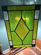 VTG ANTIQUE Green Stained Glass Light Catcher Window Hanging