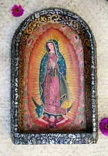 Virgin of Guadalupe Retablo Wood Milagros Hand Panted Michoacan Mexico Folk Art