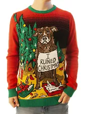 Ugly Christmas Party Sweater Unisex Men's "I Ruined Christmas" Dog Shaming-L