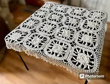 Vintage Handmade Crochet Table Topper White 3D Floral Rosette 42" x 46"