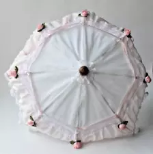 15" Doll Parasol Lace/Flowers/Pink Ribbon White Parasol Umbrella For Large Doll