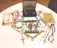 Vintage To New Catholic Christian Religious Items Lot Bracelets Crosses Necklace