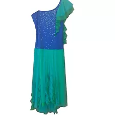 Small Ice Skating /dance Dress Off Shoulder Royal/ Green/rhinestones