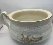 Vintage Porcelain Chamber Pot With Floral Scene~ Gold Trim~ Has Handle