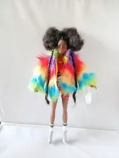 Barbie Extra Doll Fur Rainbow Coat Brunette Afro Puffs Articulate Doll 2015