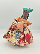 Vintage Haitian Woman Hand Made Cloth 8" Doll on Wood Base - Made in Haiti