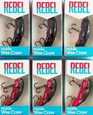 (LOT OF 6) REBEL MIDDLE WEE CRAW 1-3/4" F6840 TEXAS RED A6114