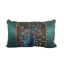 Pier 1 Peacock Throw Pillow Zip Sequined Beaded Teal Brown Multicolor 19x11”