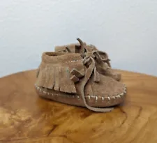 Vintage Baby Apache Brown Leather Fringe Moccasins Unisex Stamped 3R Boho Hippie