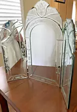 Ornate Venetian Glass Etched Tri Fold Mirror for Dresser/Vanity