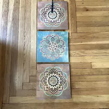 3 Lotus Mandala wood pallet wall hanging 12" x 12" Yoga Teal & Natural Artwork