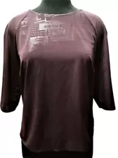 Dark Purple Top Jersey Texted Shine Fabric Boat Neck Raglan 3/4 Sleeve UK12