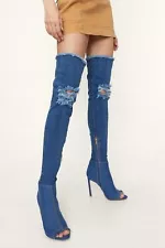 Denim OTK Thigh Boots by Secret, Mid-blue stretch 4.5" stiletto heel, size 7