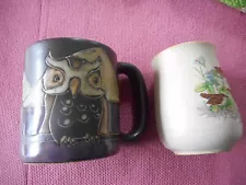 ESTATE SALE - two vintage mugs clay heavy signed owl, birds