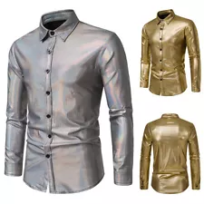 Men Shiny Shirts Long Sleeve Party Club Button Down Disco Gold 70s Costume Retro