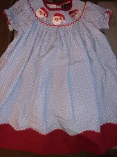 Lil Cactus Santa Christmas Dress Smocked Bishop Girls 12-24m Blue White Dot Red