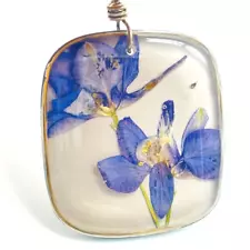 Pressed Violet Flowers Glass Pendant Silver Tone Square Nature Garden Plants