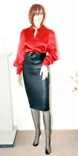 SEXY RUBY RED LIQUID SATIN SECRETARY GOVERNESS BLOUSE SHIRT Size 20