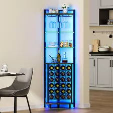 4-Tier Corner LED Wine Rack with Glass Holder & Shelves Industrial Bar Cabinet