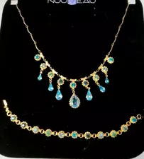 GALLERY DESIGN 16” GOLD TONE AQUA AUSTRIAN CRYSTAL NECKLACE & BRACELET NWT