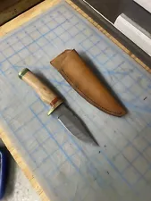 Damascus Steel Hunting Skinner Survival Knife W/ Handmade Leather Sheath