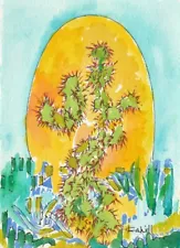 Red Spines and Yucca Watercolor Painting Original Southwest Cactus Garden Plants