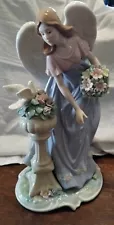 Porcelain Angel Figurine 12" Hand Painted Glazed Applied Flowers and Dove