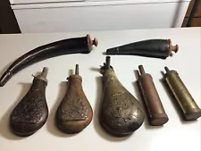 MIXED LOT OF VINTAGE BLACK POWDER FLASKS POUCHES HORN - SOME FOR REPAIR OR PARTS