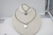 925 sterling silver heart charm polo link chain bracelet and necklace 65.1g R13