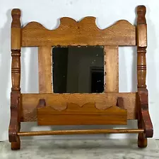 Antique Victorian Farmhouse Oak Wall Hanging Shaving Mirror Towel Rack