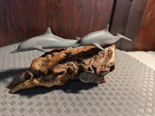 Vintage John Perry Sculpture - 2 Gray Dolphins on Wood Base - Art Decor