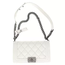 New Chanel Boy Medium White Calfskin Ruthenium Hardware Bag Flapbag A92105