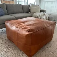 Handmade Brown Square Unstuffed New Footrest Sale 30'' Leather Genuine Boho