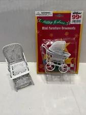 2 Pcs. Mini Dollhouse Furniture Baby Carriage & Chair White Metal "Wicker"