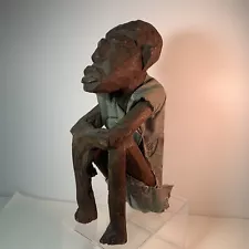 Primitive African Tribal Hand-craved Wooden Statue 11” Man Sitting Cloth